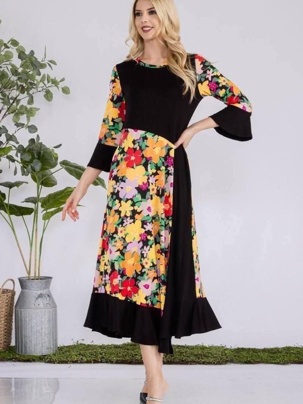Celeste Black Midi Dress with Bright Floral Panels